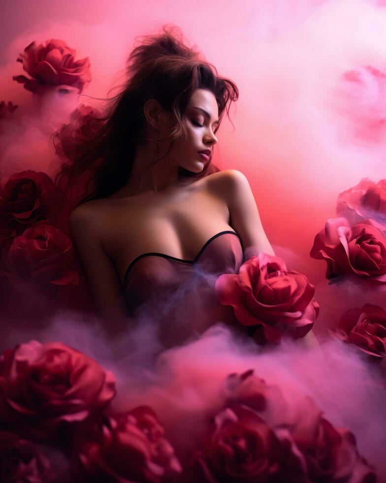 a beautiful woman in a red dress surrounded by red roses generative ai photo