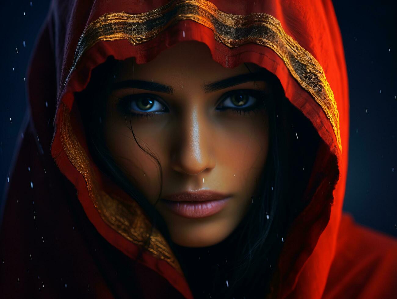 a beautiful woman in a red robe with blue eyes generative ai photo