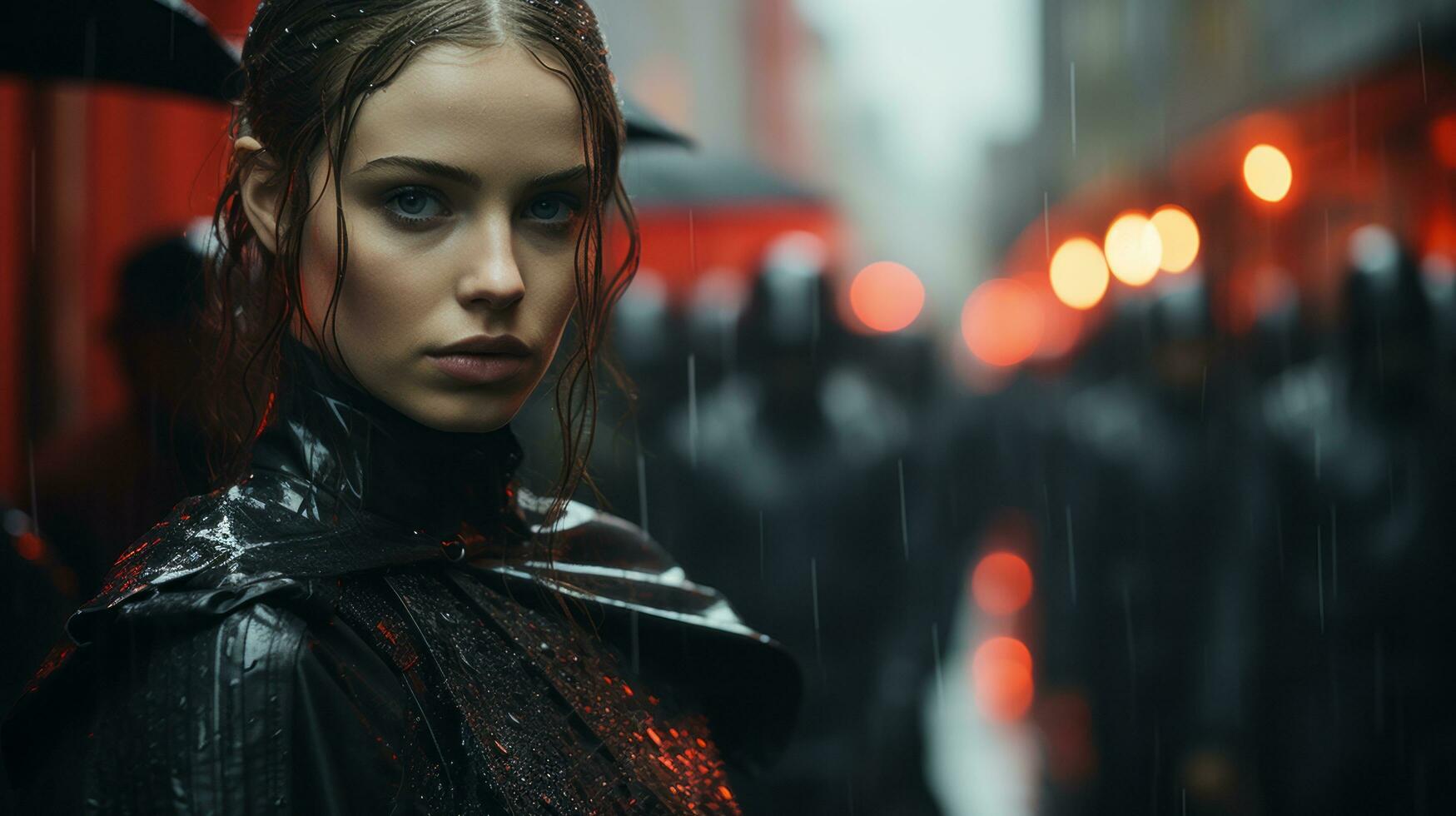 a beautiful woman in the rain with umbrellas generative ai photo