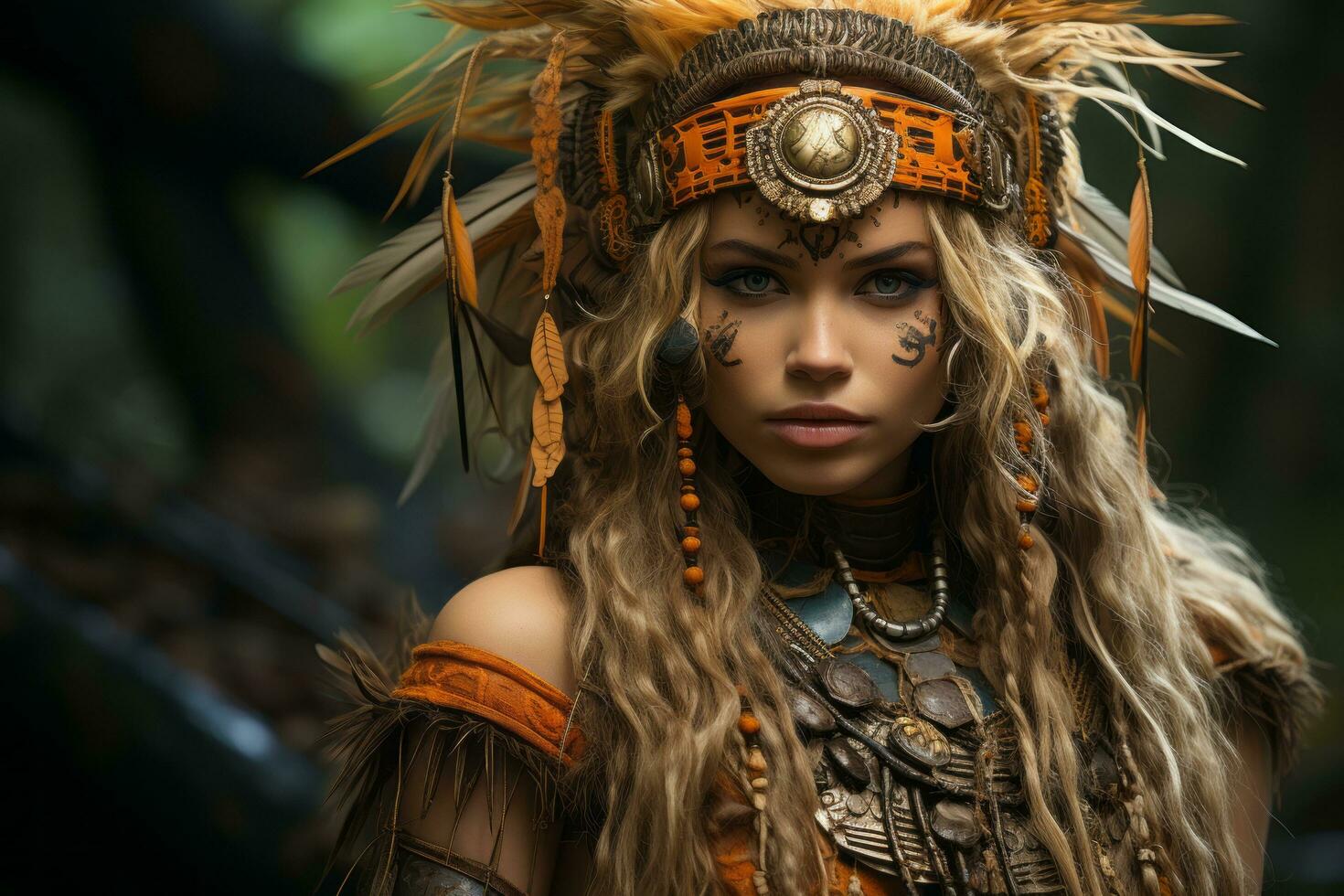 a beautiful woman wearing an indian headdress in the woods generative ai photo