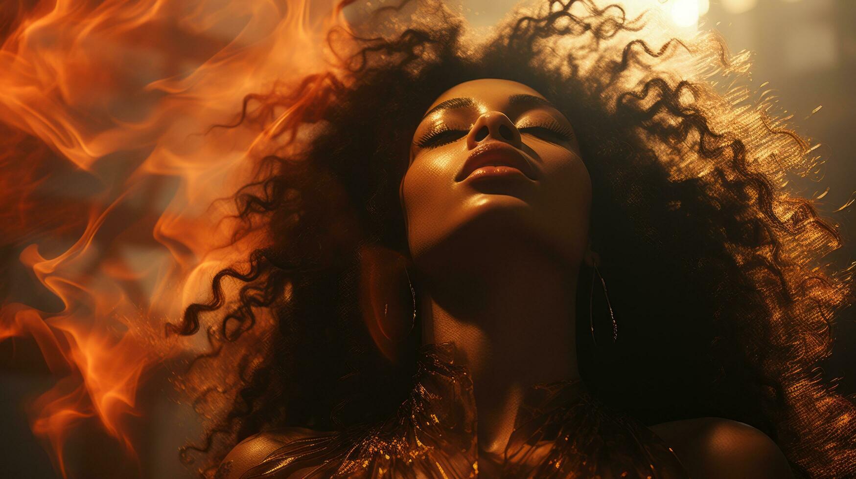 a beautiful woman with curly hair in front of fire generative ai photo