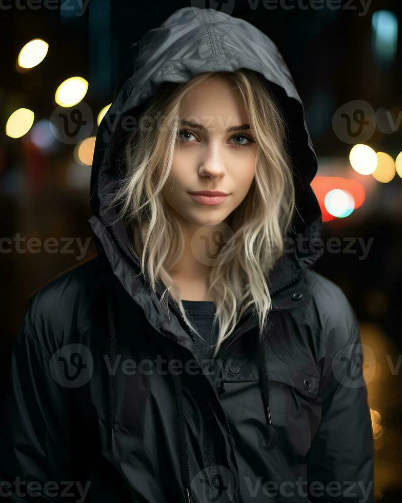 a beautiful young woman in a black jacket on the street at night generative ai photo