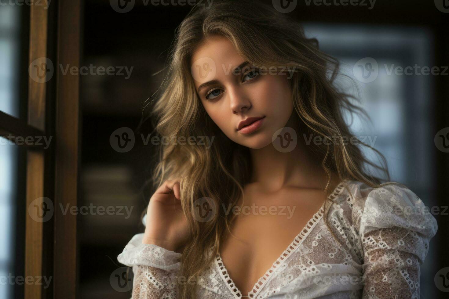 a beautiful young woman in a white dress standing in front of a window generative ai photo