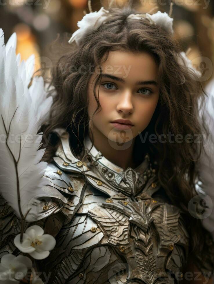 a beautiful young woman in armor with white feathers generative ai photo