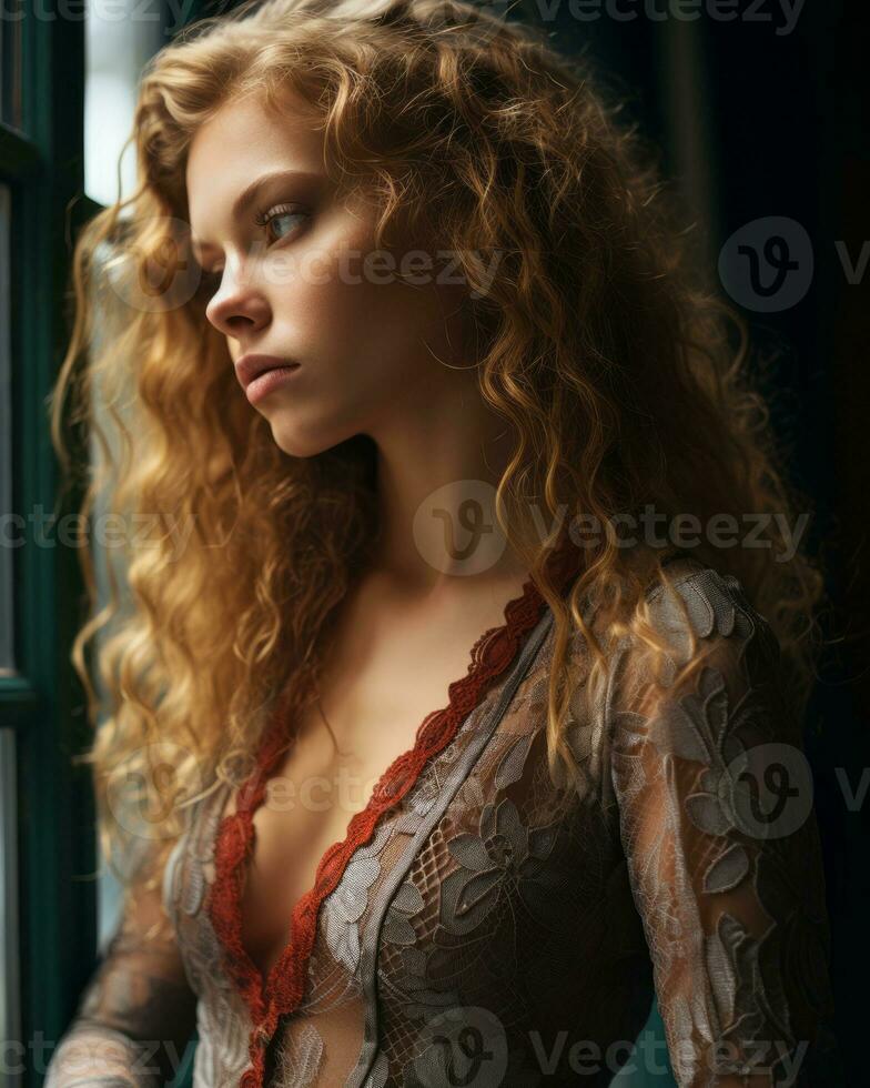 a beautiful young woman with curly hair looking out the window generative ai photo