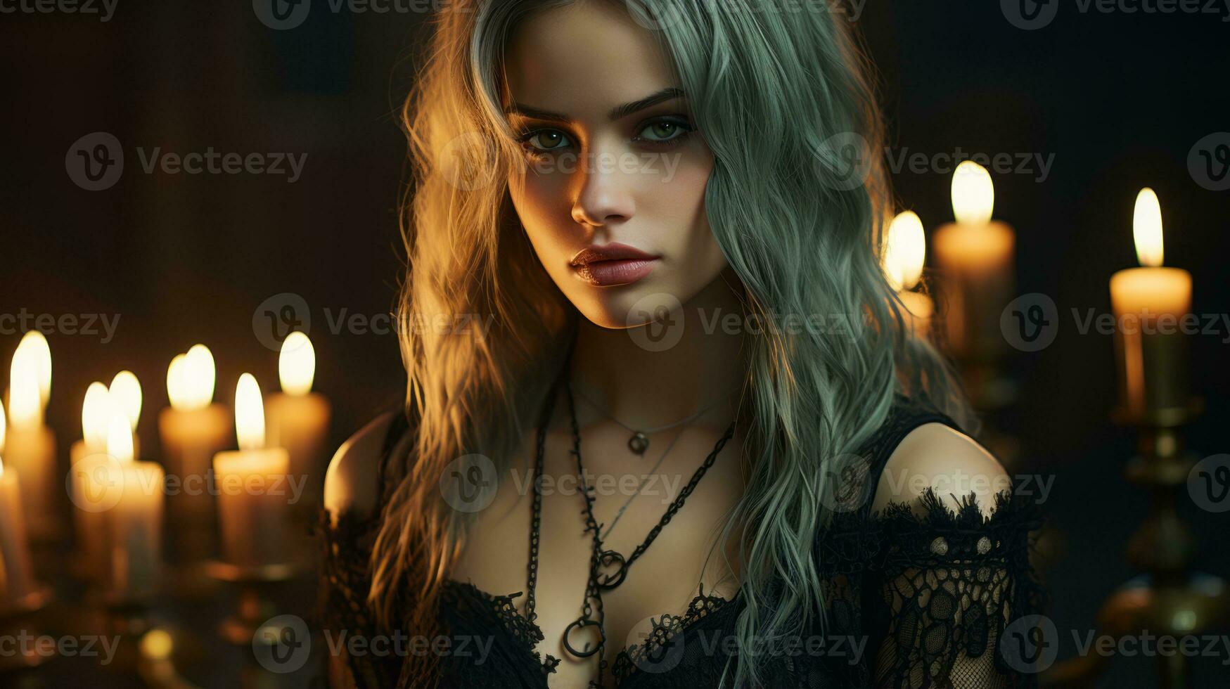 a beautiful young woman with long hair standing in front of candles generative ai photo