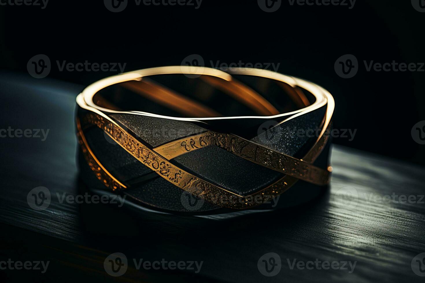 a black and gold wedding ring on a table generative ai photo
