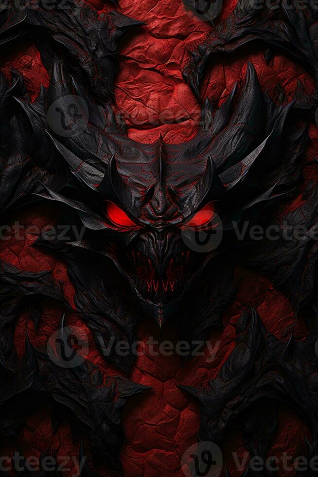 a black and red demon head with glowing red eyes generative ai photo