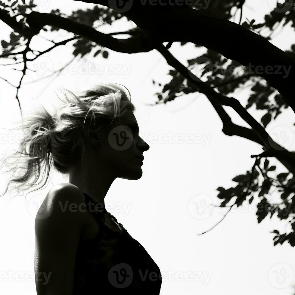 a black and white photo of a woman standing in front of a tree generative ai
