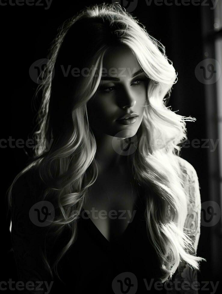 a black and white photo of a woman with long hair generative ai