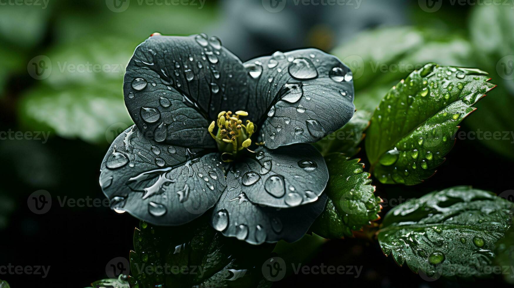 a black flower with water droplets on it generative ai photo