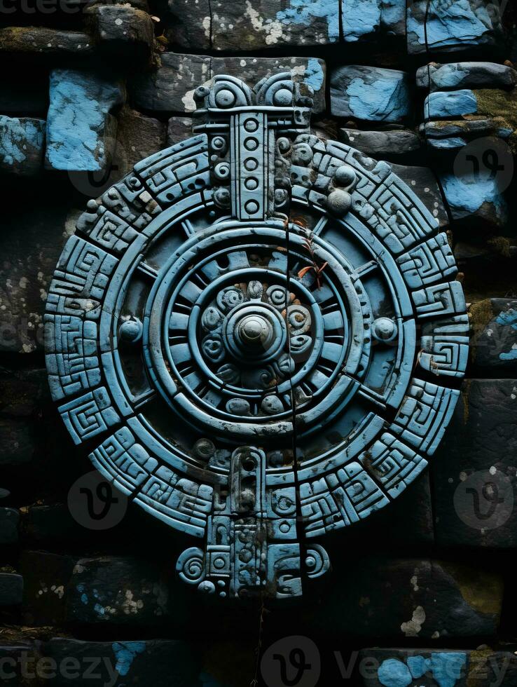 a blue and black stone wall with a blue and white circular object on it generative ai photo