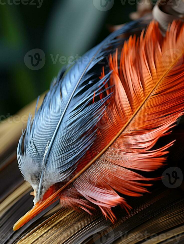 a blue and orange feather sitting on top of a book generative ai photo