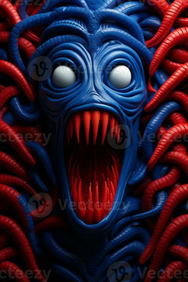 a blue and red alien head with red eyes generative ai photo