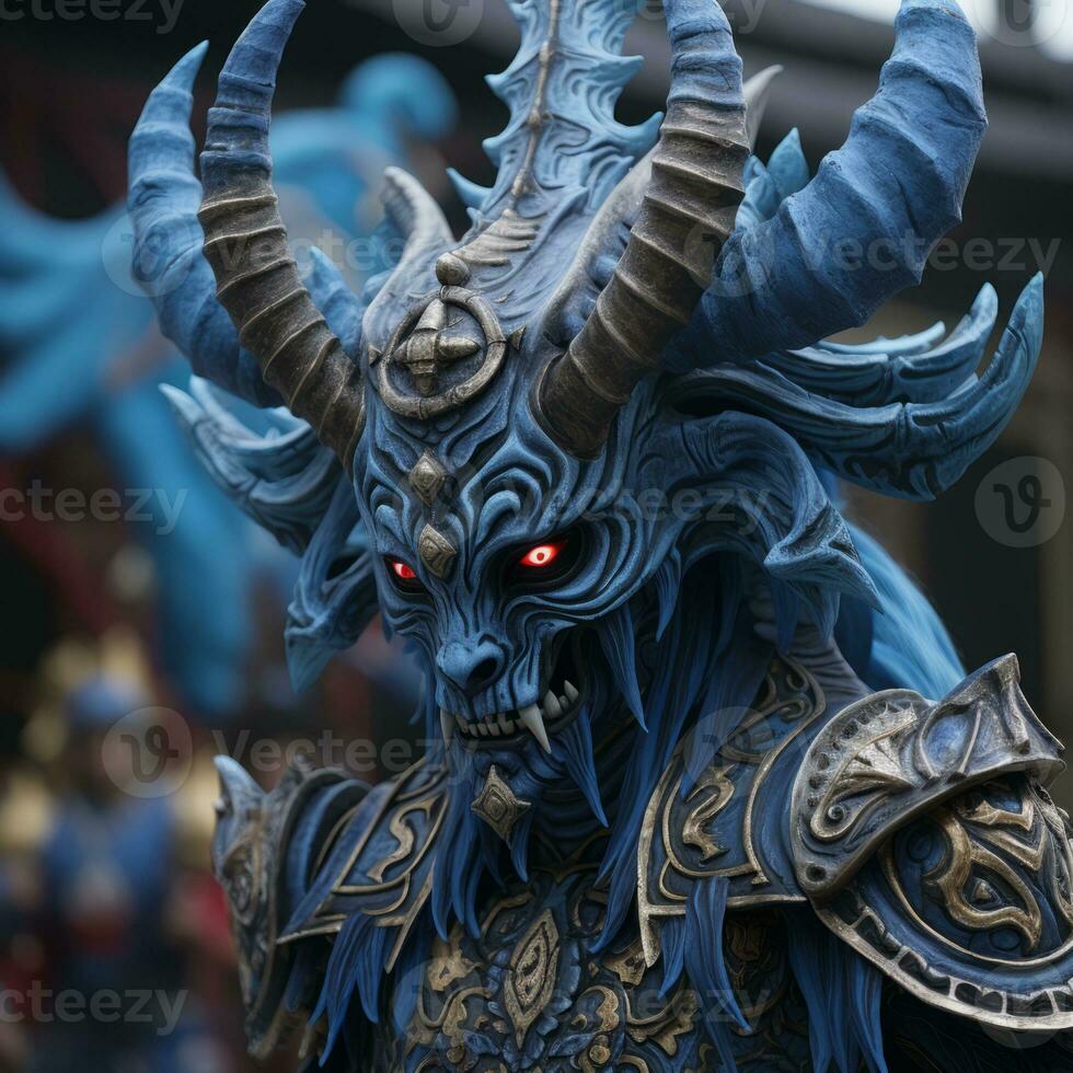 a blue demon with horns and red eyes generative ai photo