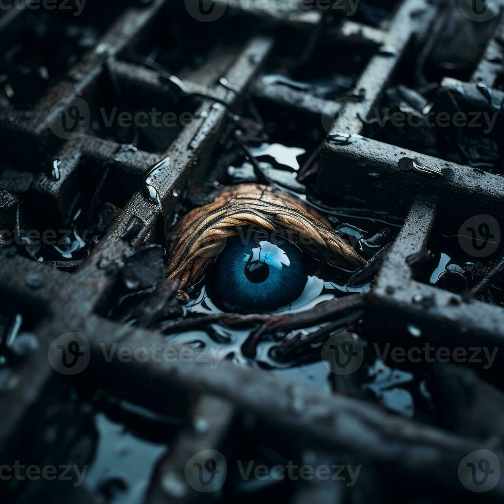a blue eye is seen in the middle of a metal grate generative ai photo