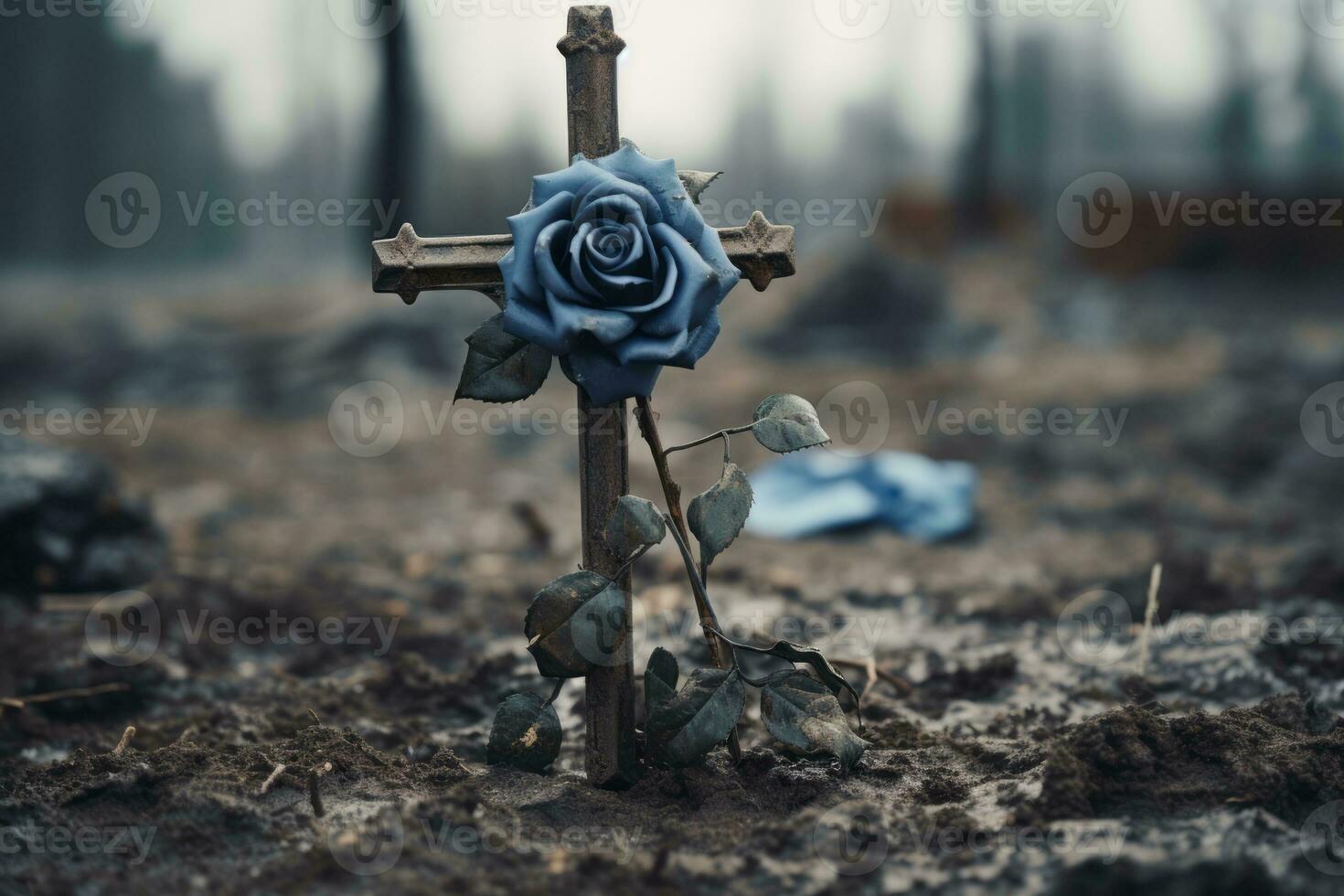 un azul Rosa en un de madera cruzar en el medio de un campo generativo ai foto