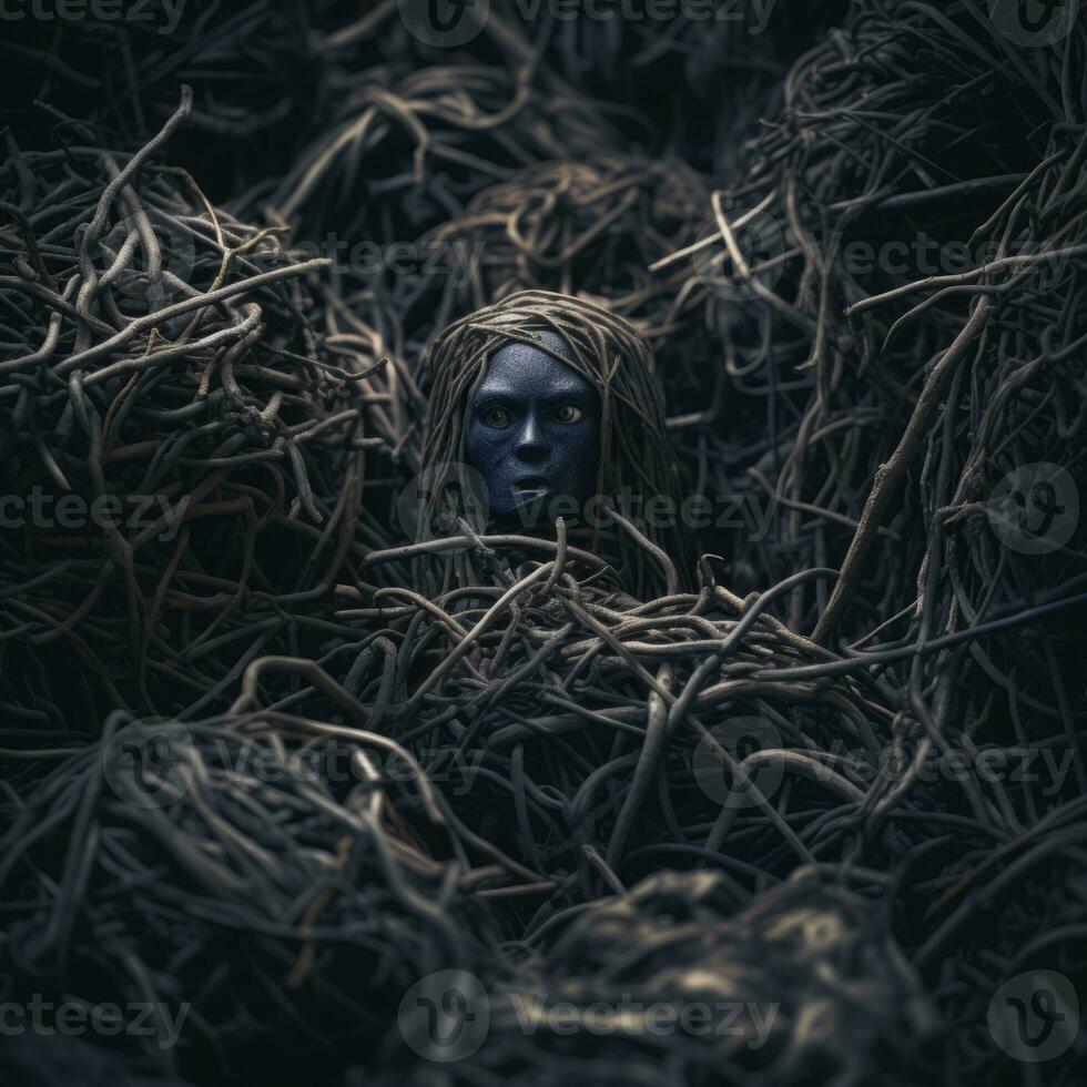 a blue woman is hidden in a pile of twigs generative ai photo