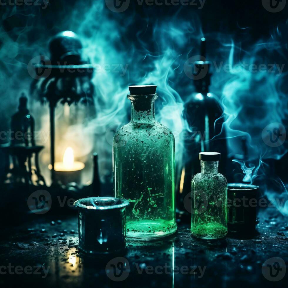 a bottle of green liquid is sitting on a table with other bottles and candles generative ai photo