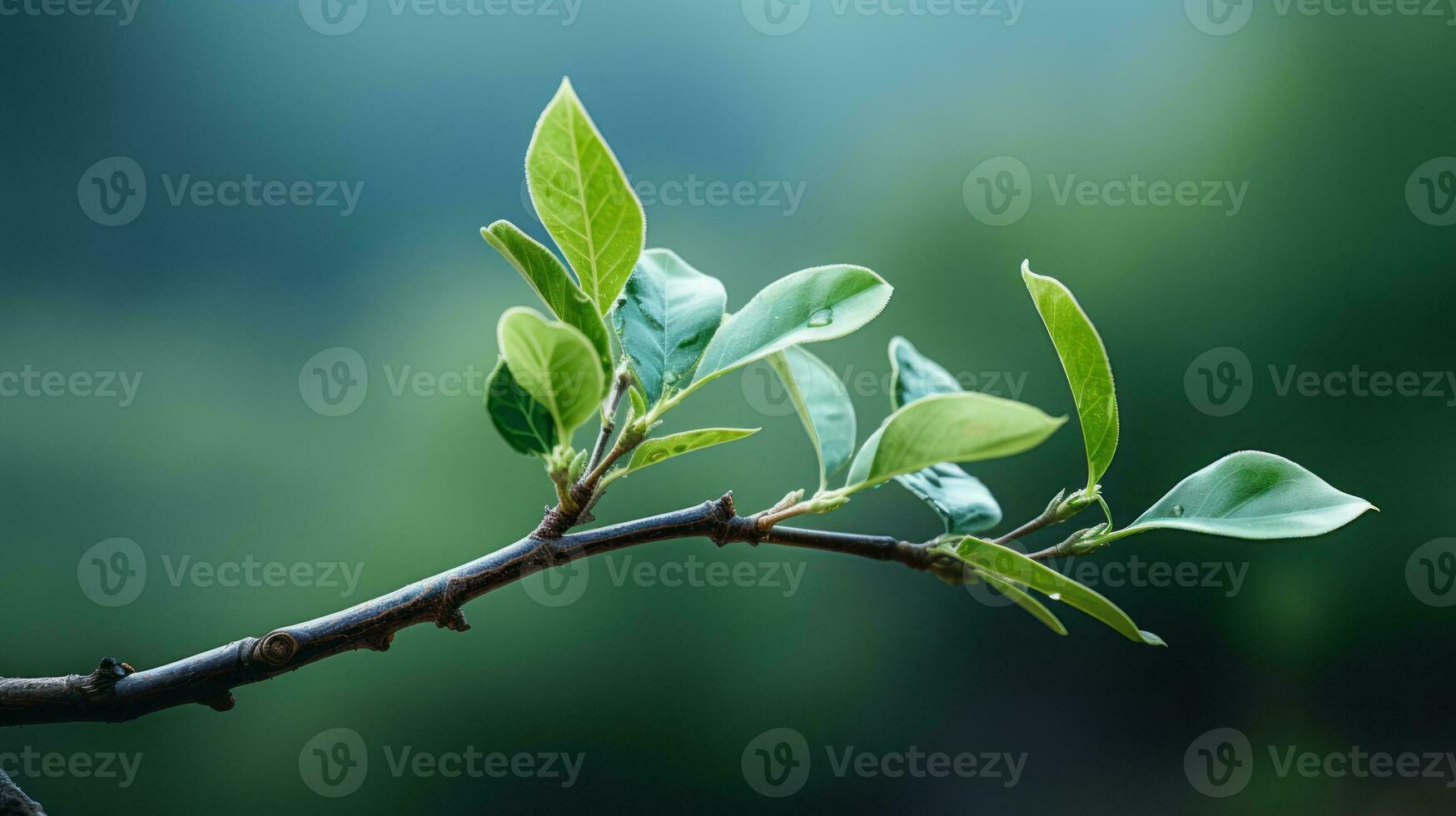 a branch with green leaves on it in front of a blurred background generative ai photo