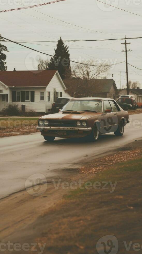 a brown car driving down the road generative ai photo
