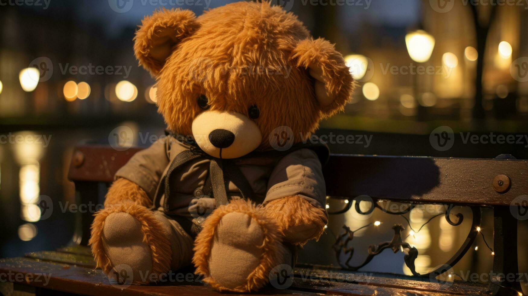 a brown teddy bear sitting on a wooden bench generative ai photo