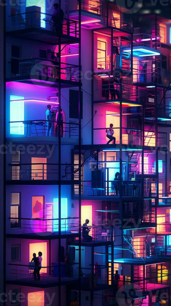 a building with neon lights and people on the balconies generative ai photo