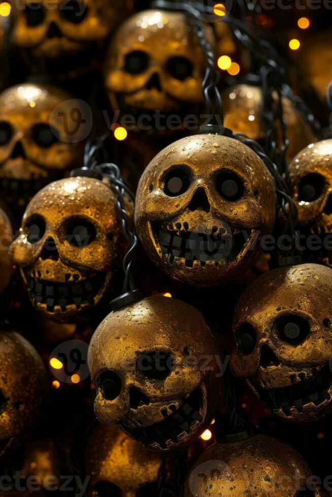 a bunch of gold skulls hanging from a string generative ai photo