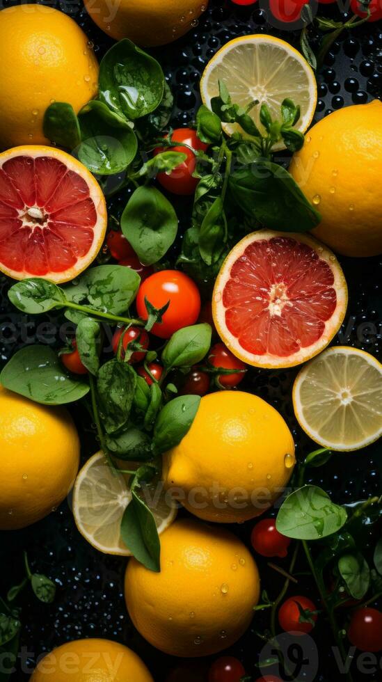 a bunch of lemons tomatoes and spinach on a black surface generative ai photo
