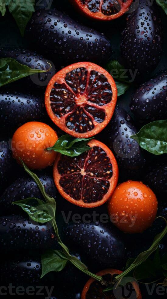 a bunch of oranges and a bunch of blood oranges on a black surface generative ai photo