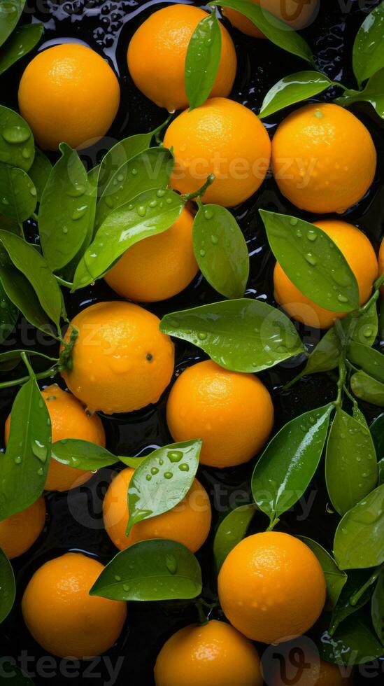 a bunch of oranges with green leaves and water droplets generative ai photo