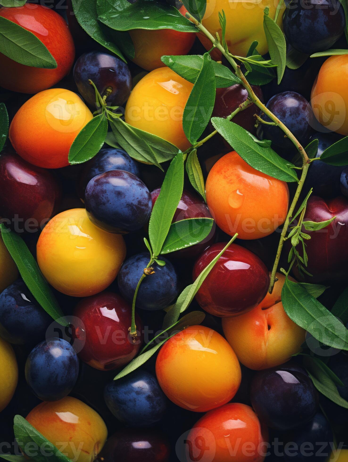 a bunch of plums and cherries with leaves generative ai 32116164 Stock