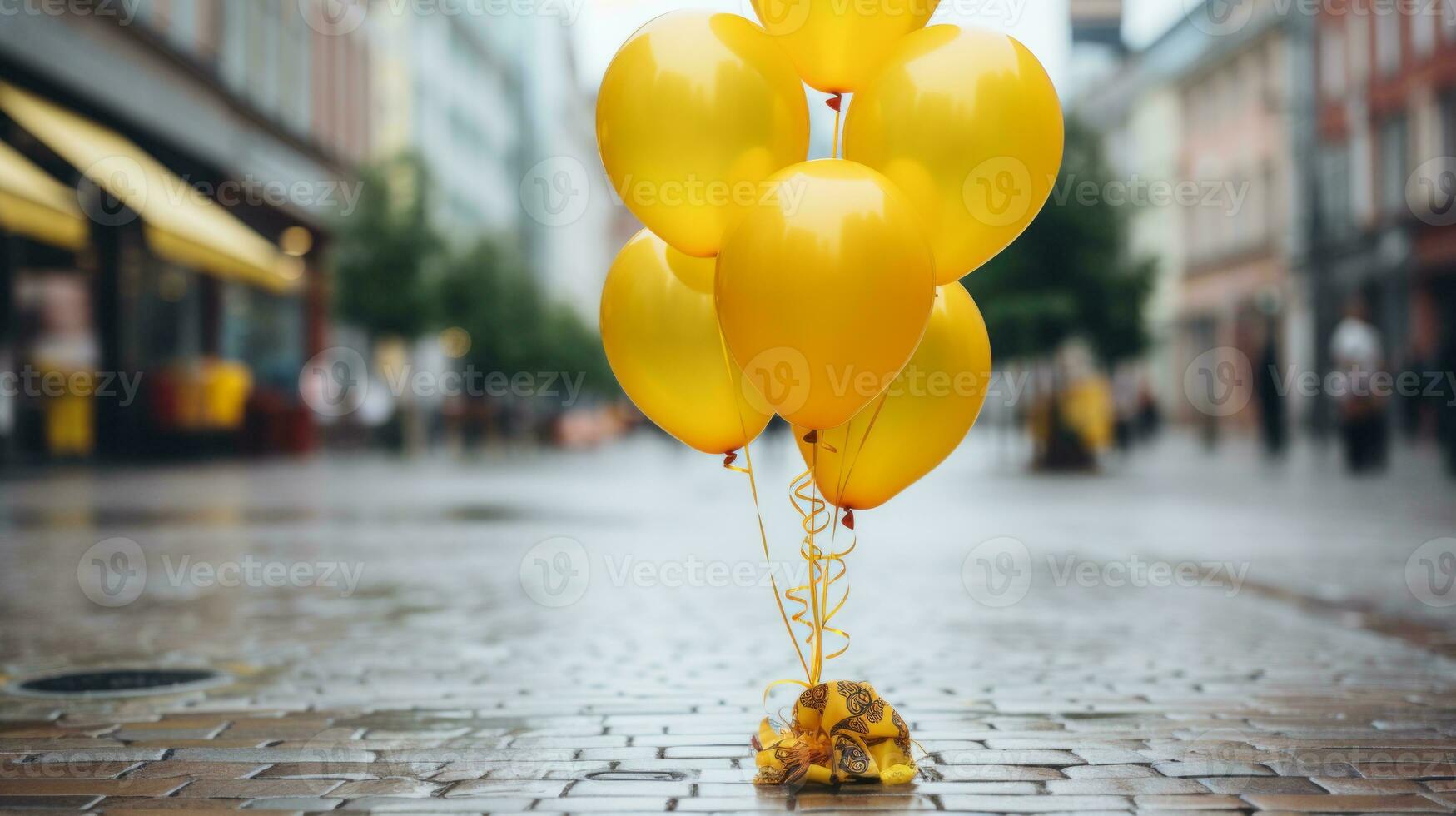 a bunch of yellow balloons sitting on the ground generative ai photo