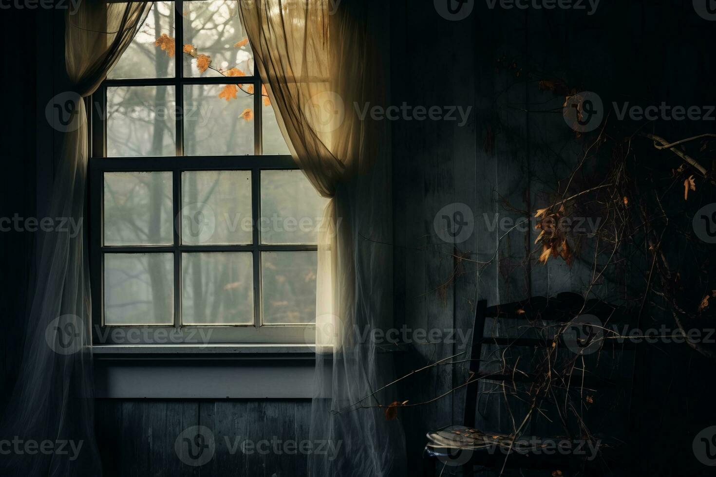 a chair sits in front of a window in an old house generative ai photo