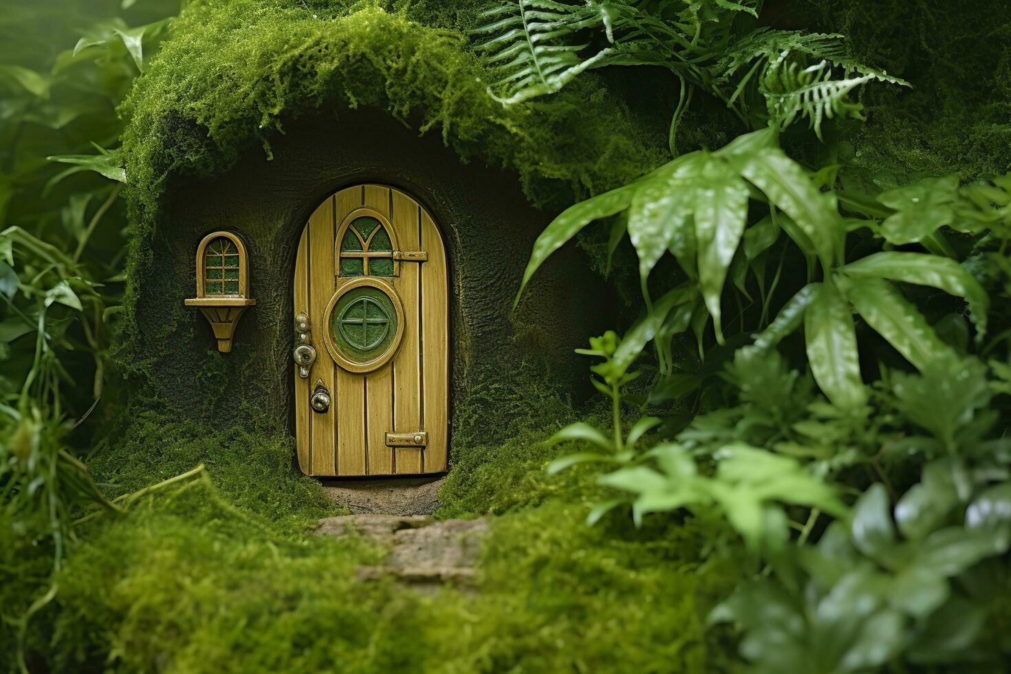 Little magic wooden fairy doors and plants leave on a mossy natural green background. AI Generated photo