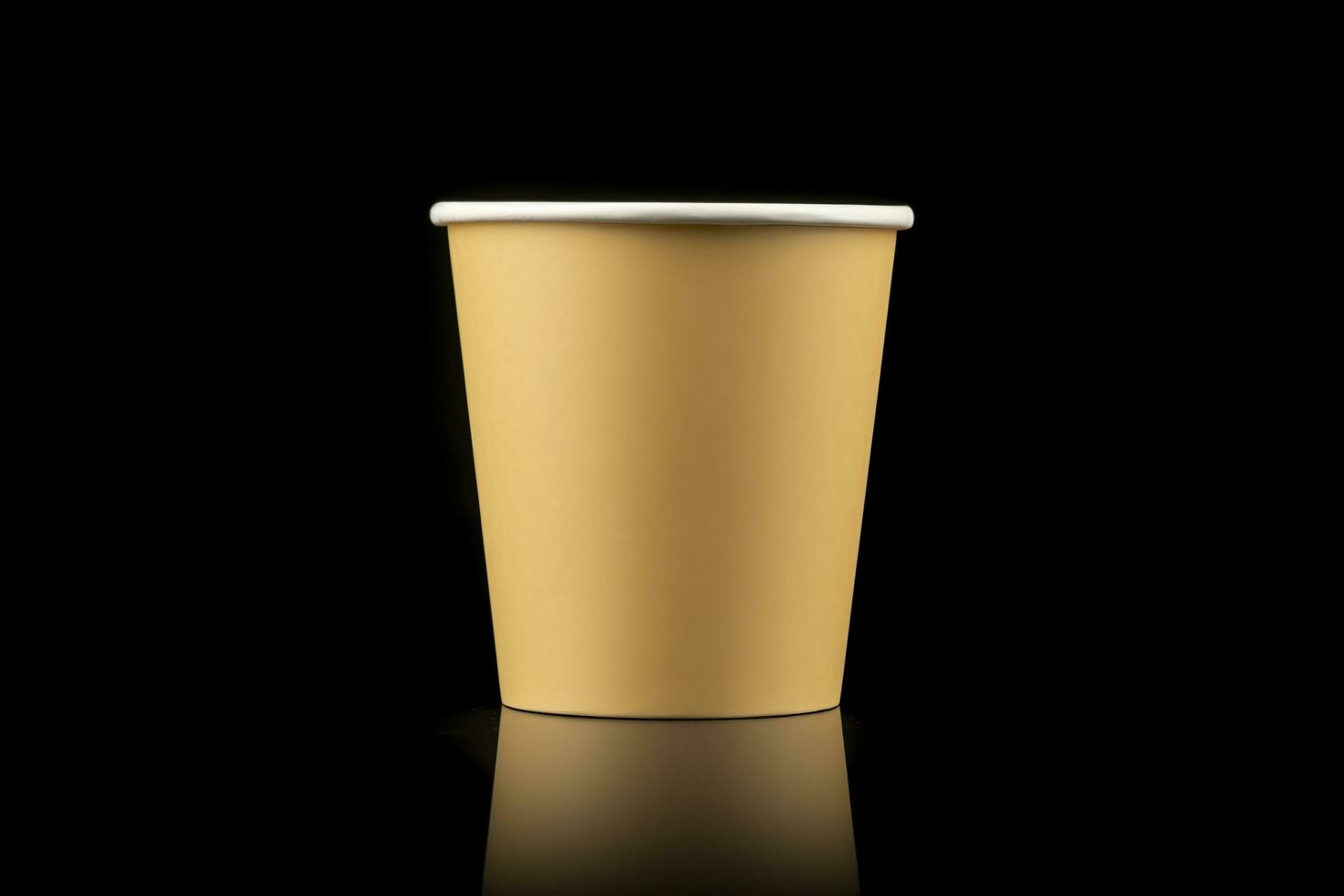 Side view yellow empty disposable paper fast food cup isolated on black background. Generative AI photo