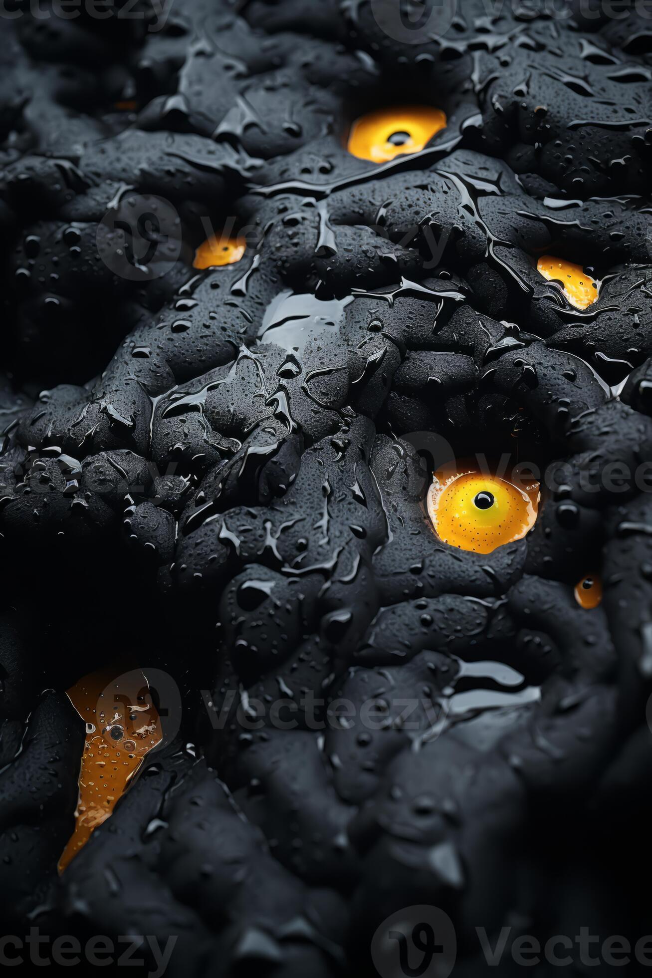 A close up of a black and orange rock with yellow eyes generative ai