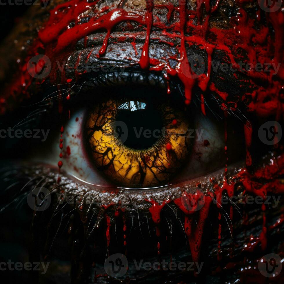 a close up of a bloody eye with blood dripping down it generative ai photo
