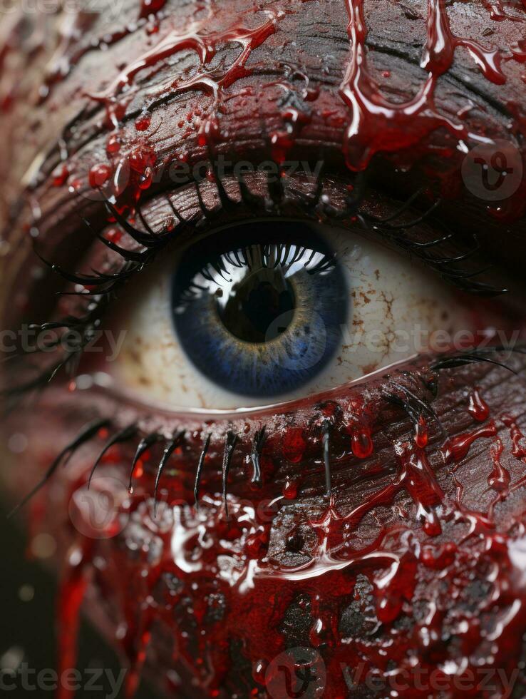 a close up of a bloody eye with blood on it generative ai photo