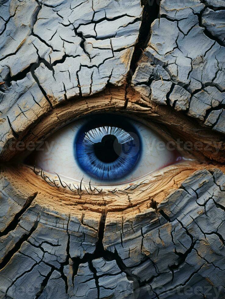 a close up of a blue eye on a cracked wooden surface generative ai photo