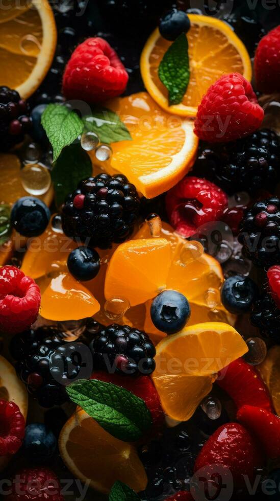 a close up of a bowl full of berries and other fruits generative ai photo