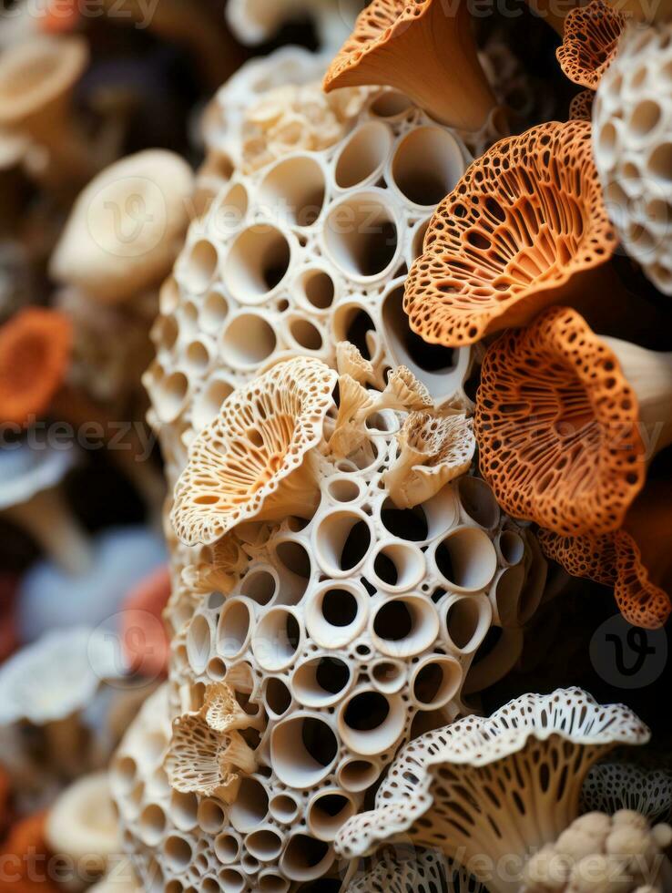 a close up of a bunch of different types of mushrooms generative ai photo