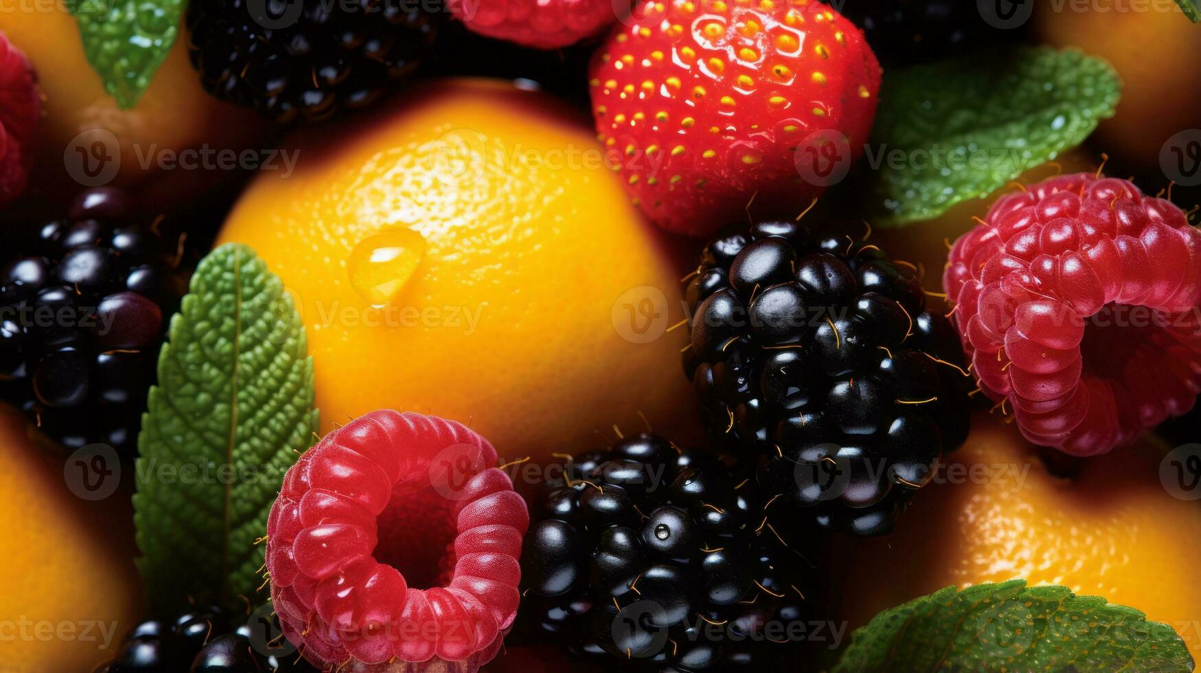 a close up of a bunch of fruit with leaves on it generative ai photo