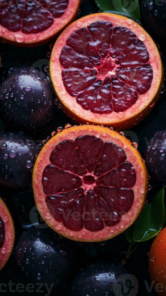 a close up of a bunch of oranges and grapefruit with water droplets on them generative ai photo