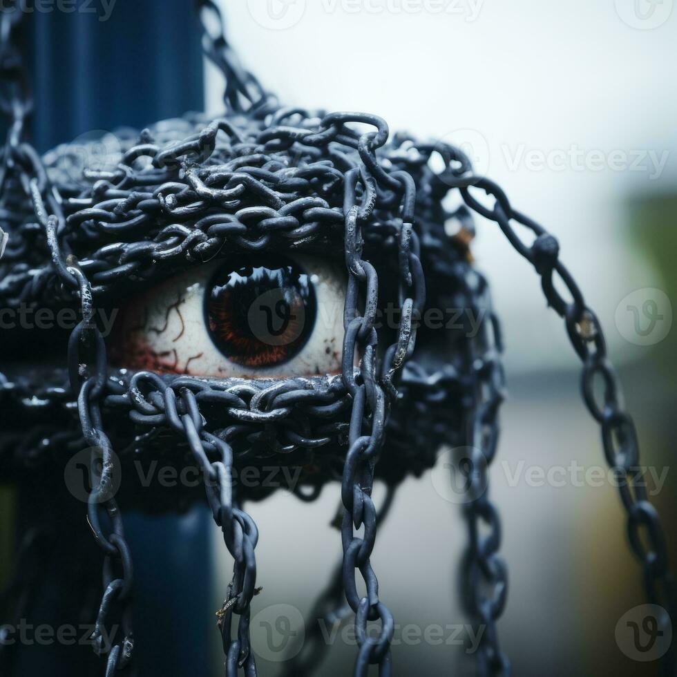 a close up of a chain covered eye on a pole generative ai photo