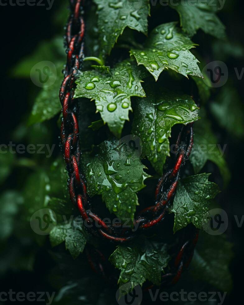 a close up of a chain with green leaves and water droplets generative ai photo