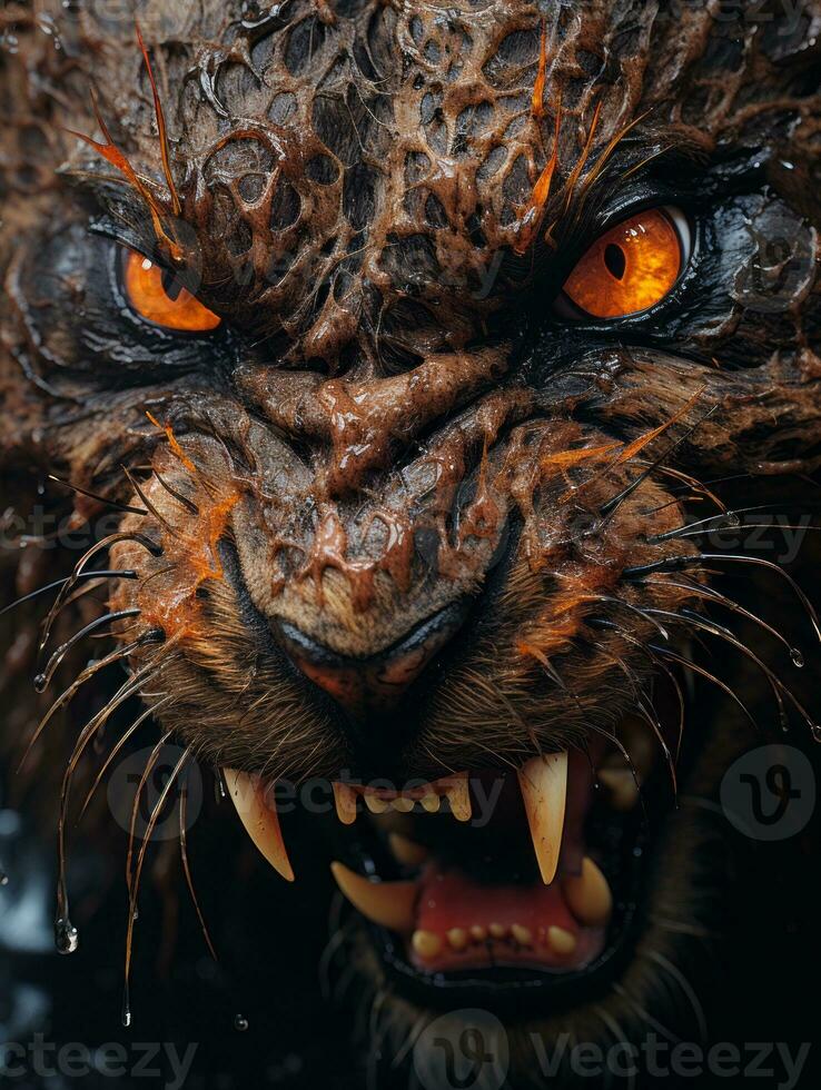 a close up of a cats face with orange eyes generative ai photo