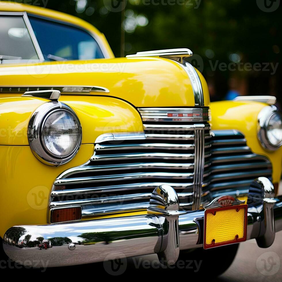 a close up of a classic yellow car parked on the side of the road generative ai photo