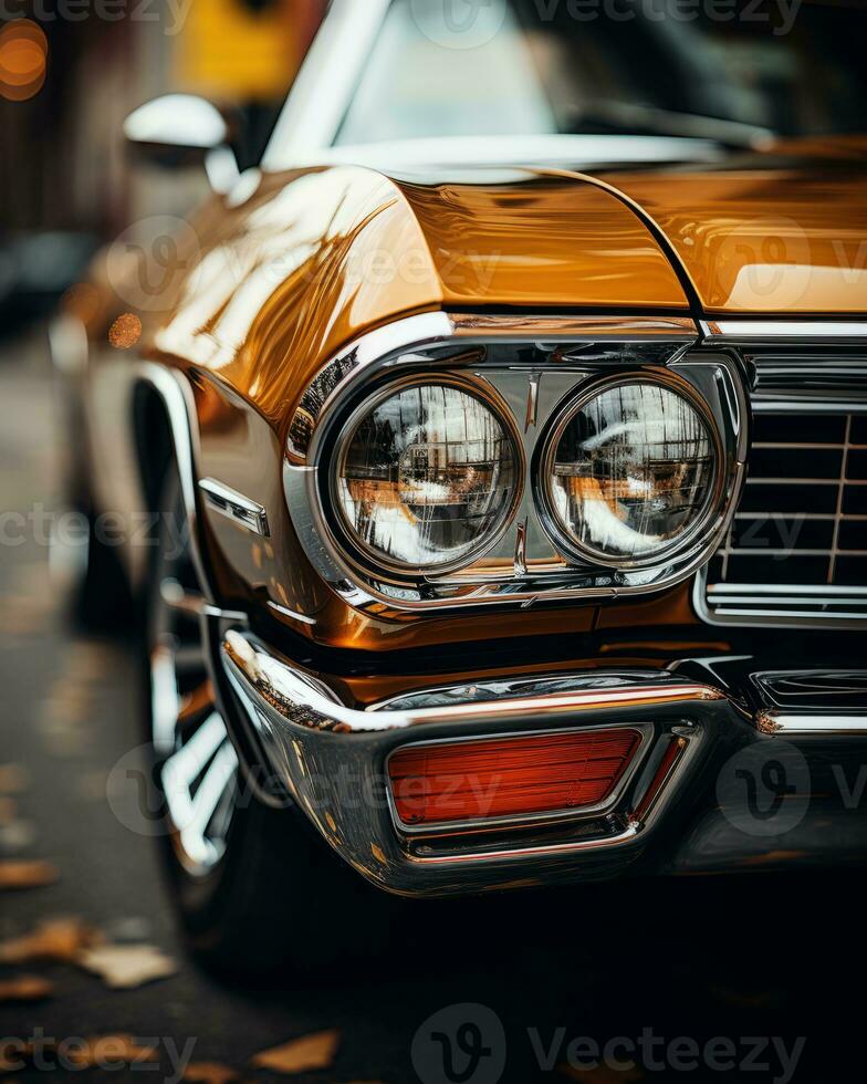a close up of a classic car with its headlights on generative ai photo