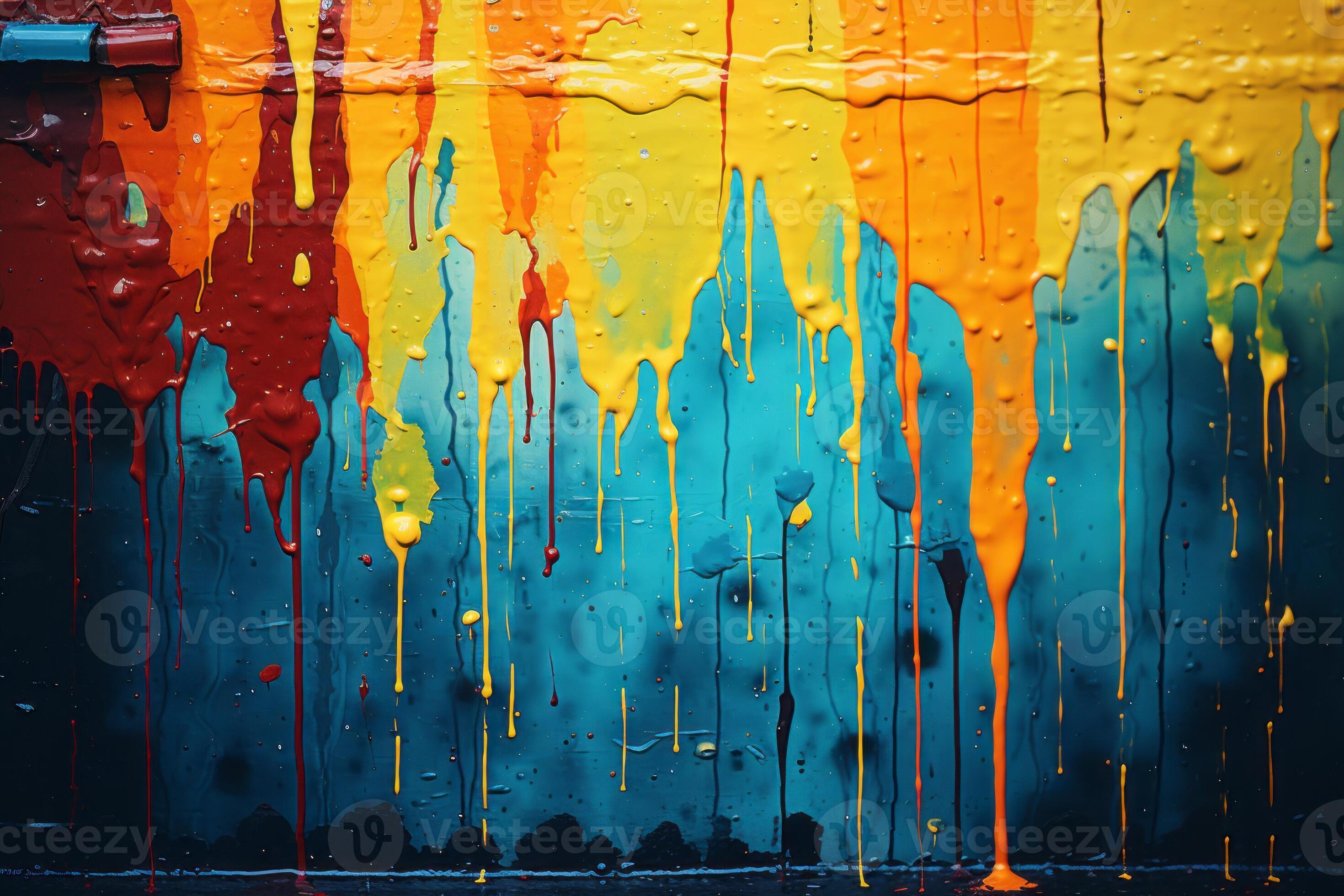 a close up of a colorful wall with paint dripping down it generative ai